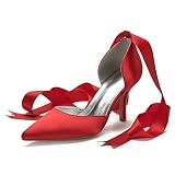 LGYKUMEG Bridal Brautschuhe, Spitze Zehen Satin mit Seiden Baender Damen Pumps Hochzeitsschuhe Laceabsatz Pumps Lace Tanzschuhe,Rot,38EU/7US/5UK