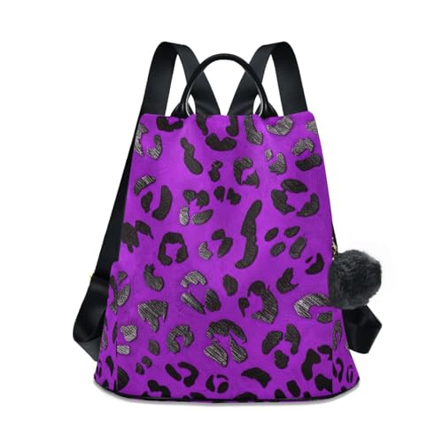 Sac à dos léopard violet antivol avec pompon chic pour femme en voyage
