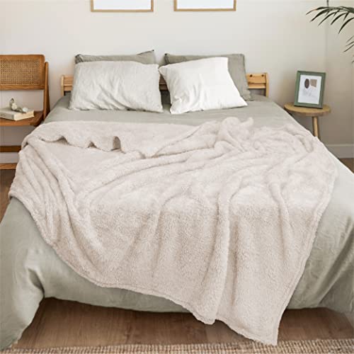 Pavilia Plush Sherpa Throw Blanket For Couch Sofa | Soft Fluffy Shaggy Fleece Blanket | Fuzzy, Cozy, Warm Microfiber Throw Solid Blanket, Cream Ivory Beige, 60X80, Twin Bed #TOP2