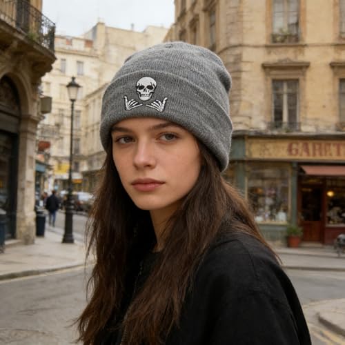 Image of Embroidered Skeleton Beanie Hat Winter Stretch Knit Skull Cap for Men Women