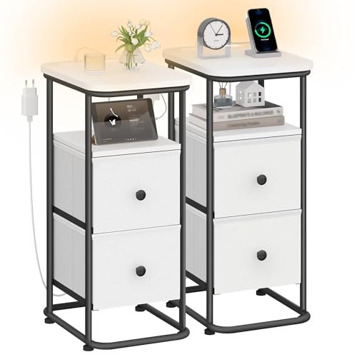 Hzuaneri Table de Chevet Lot de 2, Tables d'Appoint avec Éclairage LED, 1 Port USB-A,1 Port USB-C, Table de Nuit Étroite avec 2 Tiroirs en Tissu, pour...