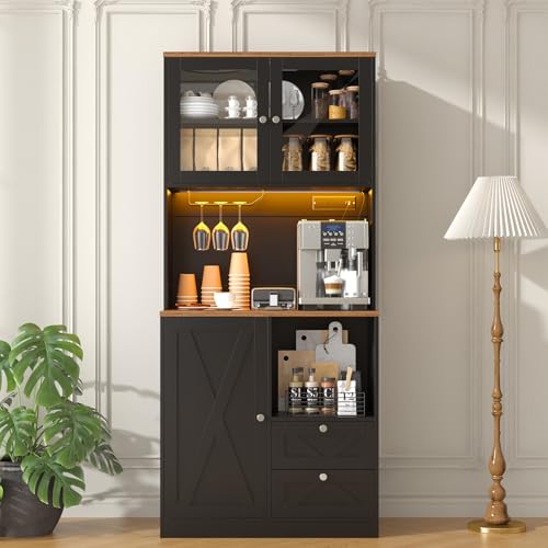 Image of 71 inch Tall Coffee Bar Cabinet with Storage Hutch, Farmhouse Kitchen Pantry Cabinet with LED Lights Microwave Stand and Glass Holder for Home Dining Room Kitchen (Black)