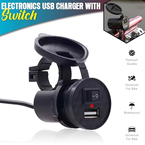 Image of OBEROI'S TRADERS Waterproof Mobile USB Charger | Adapter Socket | Fast Charging Output : 5V-1.5A | Switch On /Off Button with Silicone Cover for Bike and Scooty