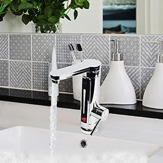 Electric Instant Heat Faucet Tankless Bathroom Kitchen Quick Hot Plastic Rotatable Hydroelectric Thermoelectric Stainless Steel Heating Tube Treasure Water Tap for Home (Silver Normal)