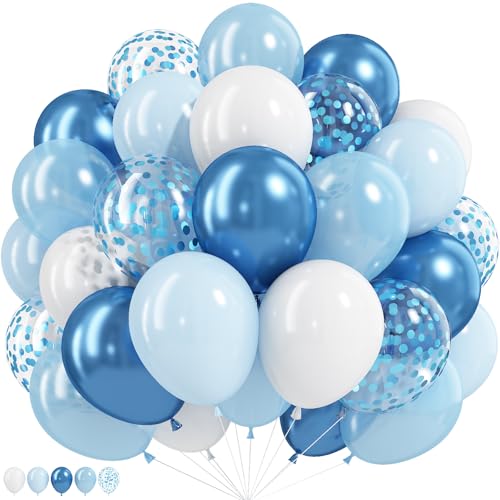 Image of Blue and White Balloons, 12 Inch Metallic Pastel Pearl Light Baby Blue Confetti Balloons with Matte White Balloon for Bridal Shower Baby Wedding Birthday Bachelorette Christening Party Decorations