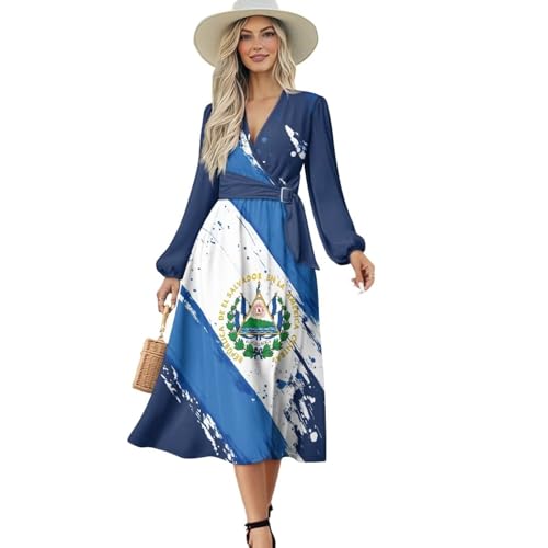 Zhangruoheng Flag of El Salvador Womens Long Sleeve Maxi Dress Fall V Neck Wrap Waist Long Dresses with Belt for Wedding Guest, Picnic, Shopping Blue X-Large