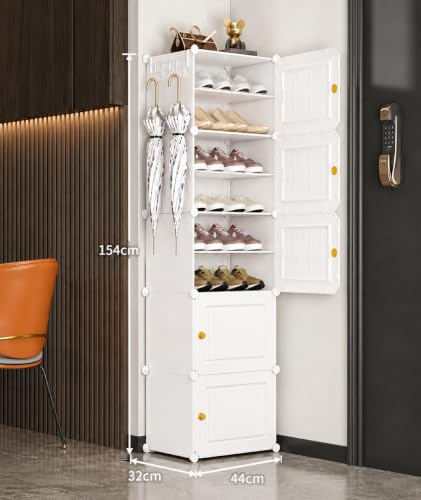 Image of EXVITO Portable Modular Plastic Shoe Cabinet with Doors, 10-Tier Stackable Shoe Rack Organizer, Dustproof Waterproof Shoe Storage Cabinet, Space Saving Entryway Shoe Shelf - White
