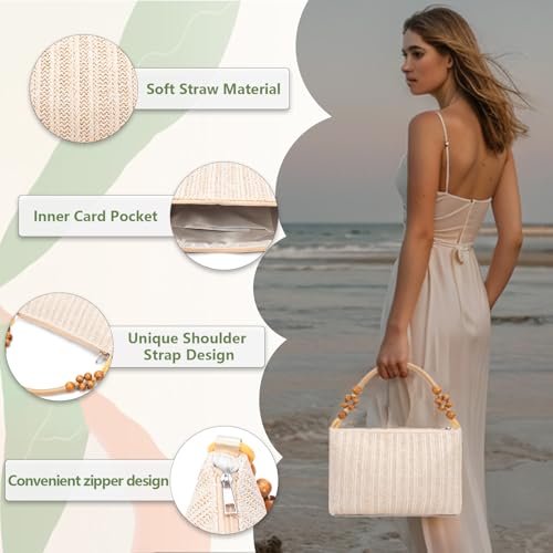 Image of YYW Straw Beach Bag with Zipper Straw Purse Beach Purse Weave Shoulder Vacation Tote Handbags