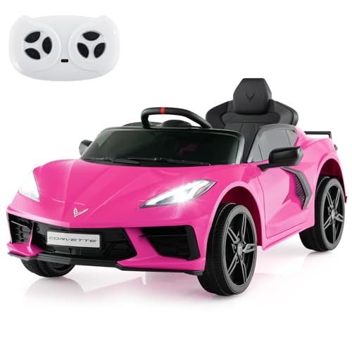 COSTWAY 12V Electric Kids Ride on Car, Licensed Chevrolet Corvette 2 Motors Toy Car with Remote Control, Wireless Connection, Lights, Horn, Music, Gift for Boys Girls Aged 3+ (Pink)