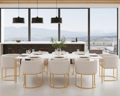 Image of HNY Mid Century Modern Upholstered Barrel Dining Chairs with Arms Set of 8, Linen Kitchen & Dining Room Chairs, 18.5 inch Wide Accent Chairs for Dining Room Living Room with Gold Metal Frame, Cream