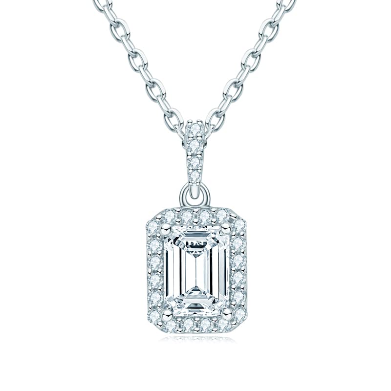 Collier moissanite coupe émeraude pendentif halo argent 925 bijoux femme chic