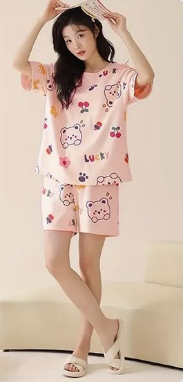 Image of Lunza Women's Cotton Blend Pajama Set, Short Sleeve T-Shirt and Shorts, Cute Bear Print Nightwear