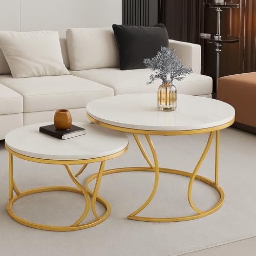 Image of Round End Table Set of Two Coffee Tables with Engineered Wood Top and Metal Frame, Contemporary Accent Side Table for Office, Bedroom, or Living Room Golden White