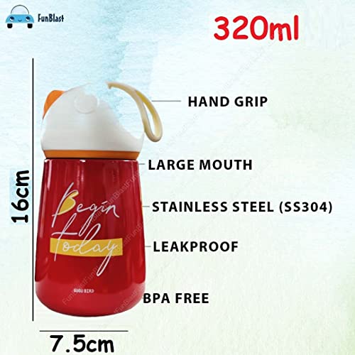 Image of FunBlast Stainless Steel Hot and Cold Water Bottle - Leak Proof Sipper Bottle, Stainless Steel Thermos for Girls, Cute Water Bottle Cup, Insulated Vacuum Cup Flask for Kids - 320 ML (4057-Red)