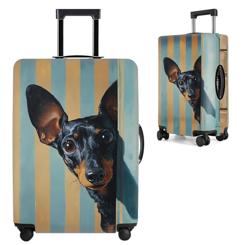 Image of Luggage Cover with Manchester Terrier Design - Stylish Dog Print Suitcase Protector with Blue and Yellow Stripes - Fits 28-30 Inch Travel Luggage,L
