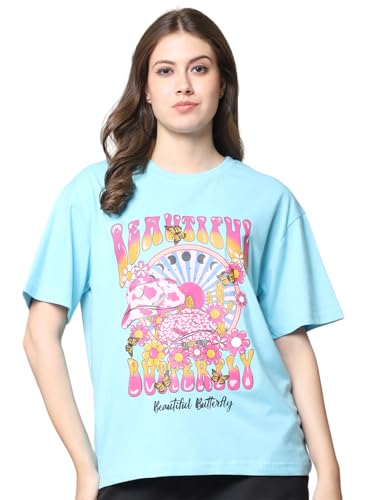 Image of Preneum Women's Cotton Cool Graphic Printed Baggy Fit Drop-Shoulder Sleeves Cotton Oversized T-Shirt
