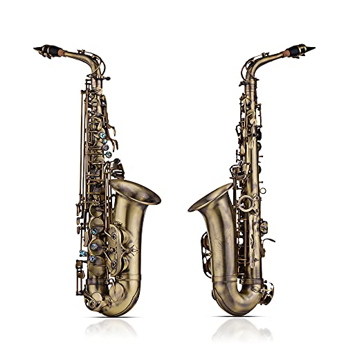 Hhop High Grade Antique Finish Eb E-Flat Alto Saxophone Sax Shell Key Carve Pattern Woodwind Instrument With Padded Carry Case Gloves Cleaning Cloth Brush Sax Straps Reeds #TOP5