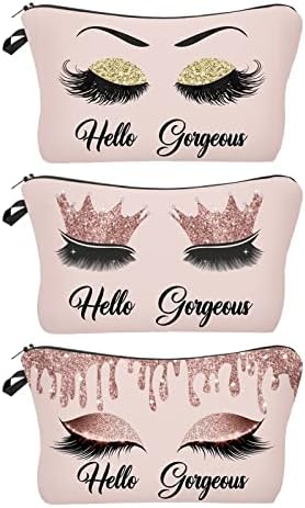 Hello Gorgeous Makeup Bag for Purse Eyelash Pink Cosmetic Bags for Women Inspirational Gift Small Funny Cosmetics Glitters Eyeshadows Travel Bag Cases for Toiletries Accessories Organizer