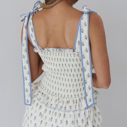 Image of Women Y2k Boho Maxi Dress Tie Shoulder Backless Strappy Tiered Flowy Dress 2024 Summer Floral Beach Sundress