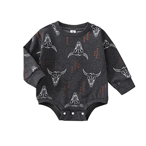Image of Omkzanbi Western Baby Girl Boy Clothes Sweatshirt Romper Cow Printed Bodysuit Long Sleeve Onesie Newborn Fall Winter Outfits (Dark Grey cow printed, 0-6 Months)