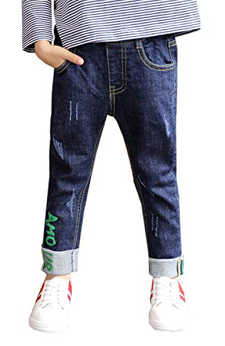 Kidscool Space Meninos Letras Tinta a Óleo Decoração Punho Rasgado Elástico Slim Jeans, Deep Blue, 8