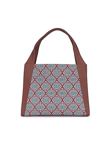 Image of ZOUK Printed Jute Handcrafted Vegan Leather Grey Women's Stylish Tote Bags | Trapezia Tote| Shoulder bag with double handle