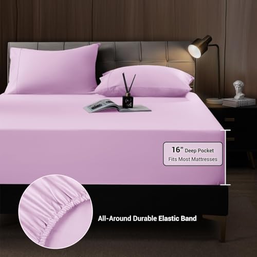 Image of Shilucheng 4 Piece Queen Sheet Sets, Cooling Sheets, Blend Rayon Derived from Bamboo, Deep Pocket Up to 16 inch, Breathable & Soft Bed Sheets, Hotel Silky Bedding Set, Lilac