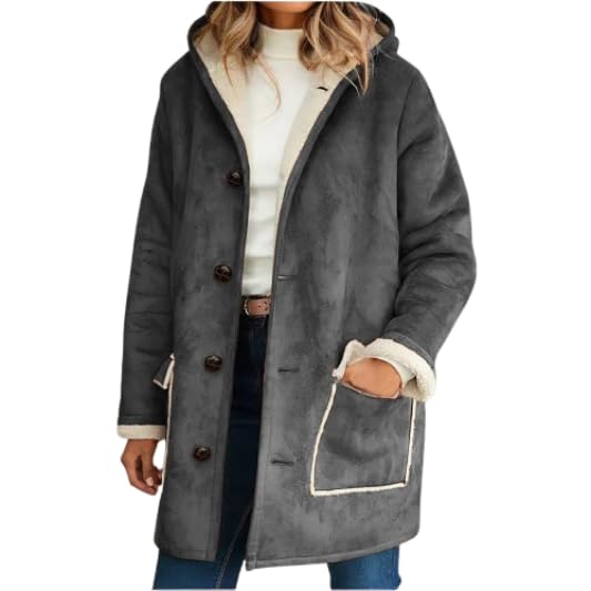 Sherpa Lined Jacket for Women Winter Button Down Long Sleeve Faux Fur Suede Coats Hooded Fuzzy Jackets with Pocket