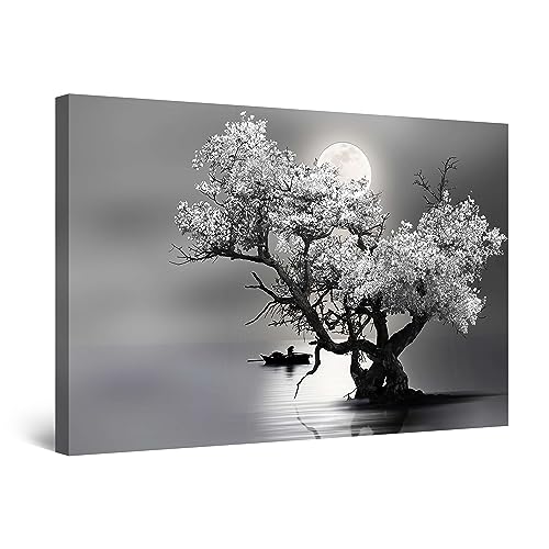 Startonight Bilder Schwarz-weiße Dekor Blumenbaum und Mond, Leinwandbilder Moderne Kunst, Natur Wanddeko Kunstdrucke, Wandbilder Wohnzimmer Groß Wand Bild 80 x 120 cm, Tag Nacht Effekt, Elegante Startonight Bilder Schwarz-weiße Dekor Blumenbaum und Mond, Leinwandbilder Moderne Kunst, Natur Wanddeko Kunstdrucke, Wandbilder Wohnzimmer Groß Wand Bild 80 x 120 cm, Tag Nacht Effekt, Elegante
