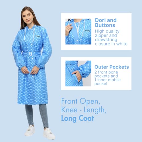 Image of Citizen Polyester Reversible Casual Style Raincoat For Women With Inbuilt Hood,Waist Belt & Matching Carry Pouch|Stylish Polka Dot Design|Durable & Lightweight Rainsuit With High Tearing Strength