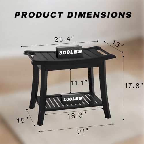 Image of Bamboo Shower Bench Stool,24 inch Shower Chair Seat Non-Slip,Waterproof Bathroom Bench with Storage Shelf for Adults,Elderly, Disabled Indoor&Outdoor Use (Black)