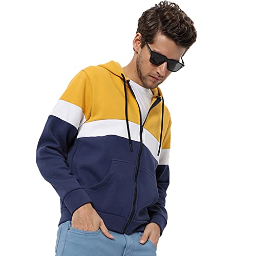 Image of CAHOOT Men's Dark Blue Zip-Front Hoodie with Contrast Drawstring for Casual Wear | Long Sleeve | Hooded Neck | Zipper Closure | Cotton Sweatshirt Crafted with Comfort Fit for Everyday Wear