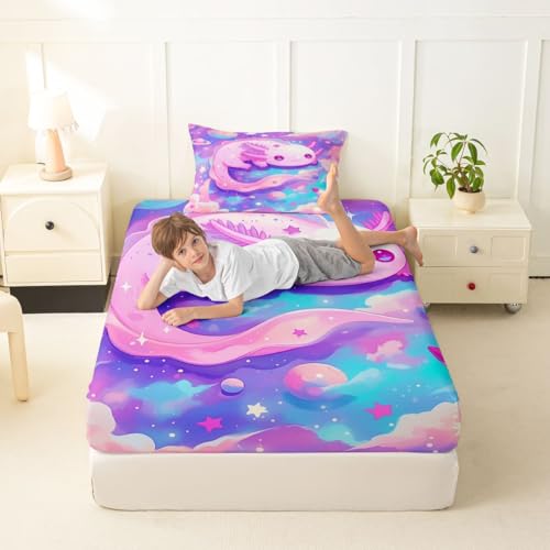 Image of jejeloiu Cute Axolotl Bed Sheets Sets Twin Size Kids Boys Girls Galaxy Planet Space Bedding Set Cartoon Animal Bed Sheet Set with 16-Inch Deep Pockets Pink Dreamy Starry 3Pcs with 1 Pillow Cases