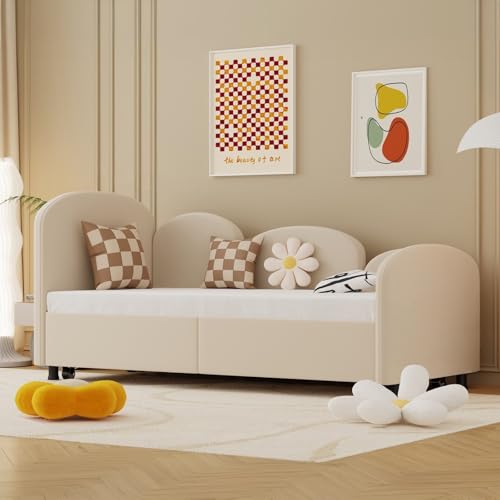 ZHOMGG 90 x 200 cm Sofá cama de 2 plazas Moderno, marco de cama con cama nido y diseño de flores, somier de láminas, para salón y dormitorio (sin colchón) (Beige)