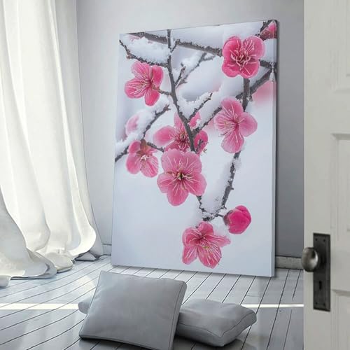 Poster moderne paysage fleurs de prunier roses sous la neige avec cadre jiduhon 40x60cm