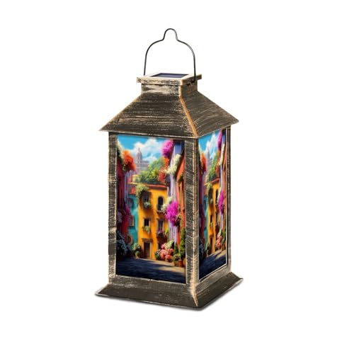 Solar Lantern Colorful Mexico Mexican Buildings Cobblestone Street Blooming Flowers Garden Hanging Lantern Waterproof Solar Powered Lighting Outdoor Table Lamp for Deck Yard Camping Patio Decor