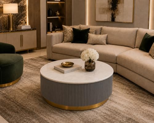 Image of Premium Luxury Marble-Top Wooden Center Table with Louvers & Acrylic Wooden Base | Premium Coffee Table for Living Room & Office (Gray)
