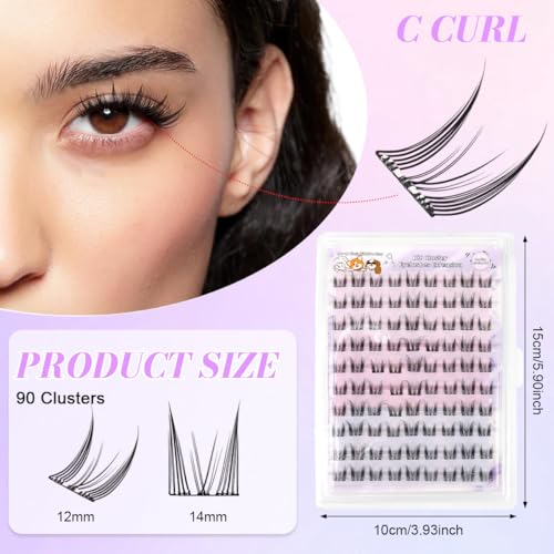 Image of MAYCREATE 90 Pcs Self Adhesive Fake Eyelashes Cat Spirit Eye Lashes for Women 12 /14mm Fairy Eyelash Cluster, Press On Pre Glue Lash Clusters with Tweezers - Black