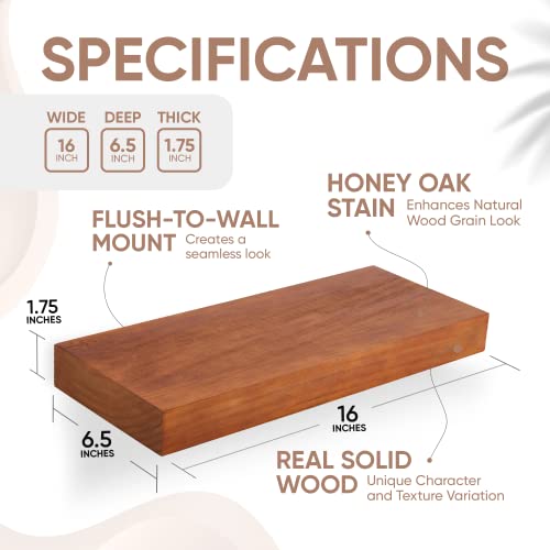 Homeforia Rustic Farmhouse Floating Shelves - Bathroom Wooden Shelves For Wall Mounted - Thick Industrial Kitchen Wood Shelf - 16 X 6.5 X 1.75 Inch - Set Of 2 - Honey Oak Color #TOP2