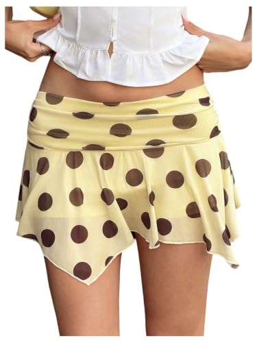 BEAUDRM Women's Y2k Polka Dots Skirt Mini Ruffle Skirt Ruched Low Rise Asymmetrical Party Rave Club Outfits Butter Yellow Large