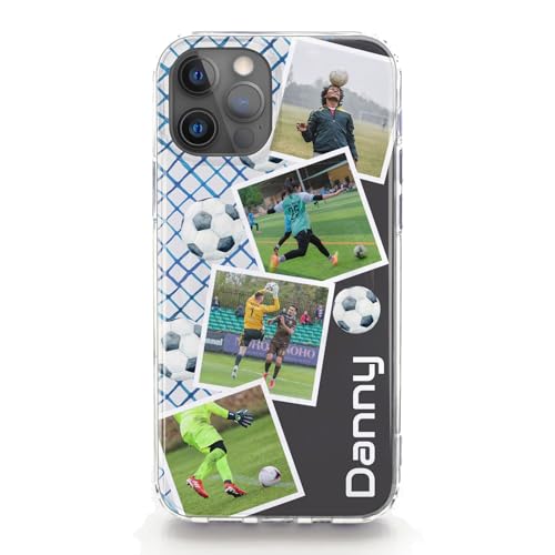Personalised Phone Case For Apple iPhones, 17, 16, 15, 14, Pro, Max, Mini, Plus 13, 12, 11, X, XS, XR, SE Custom Grey Football Hard Cover with Four Photo Collage