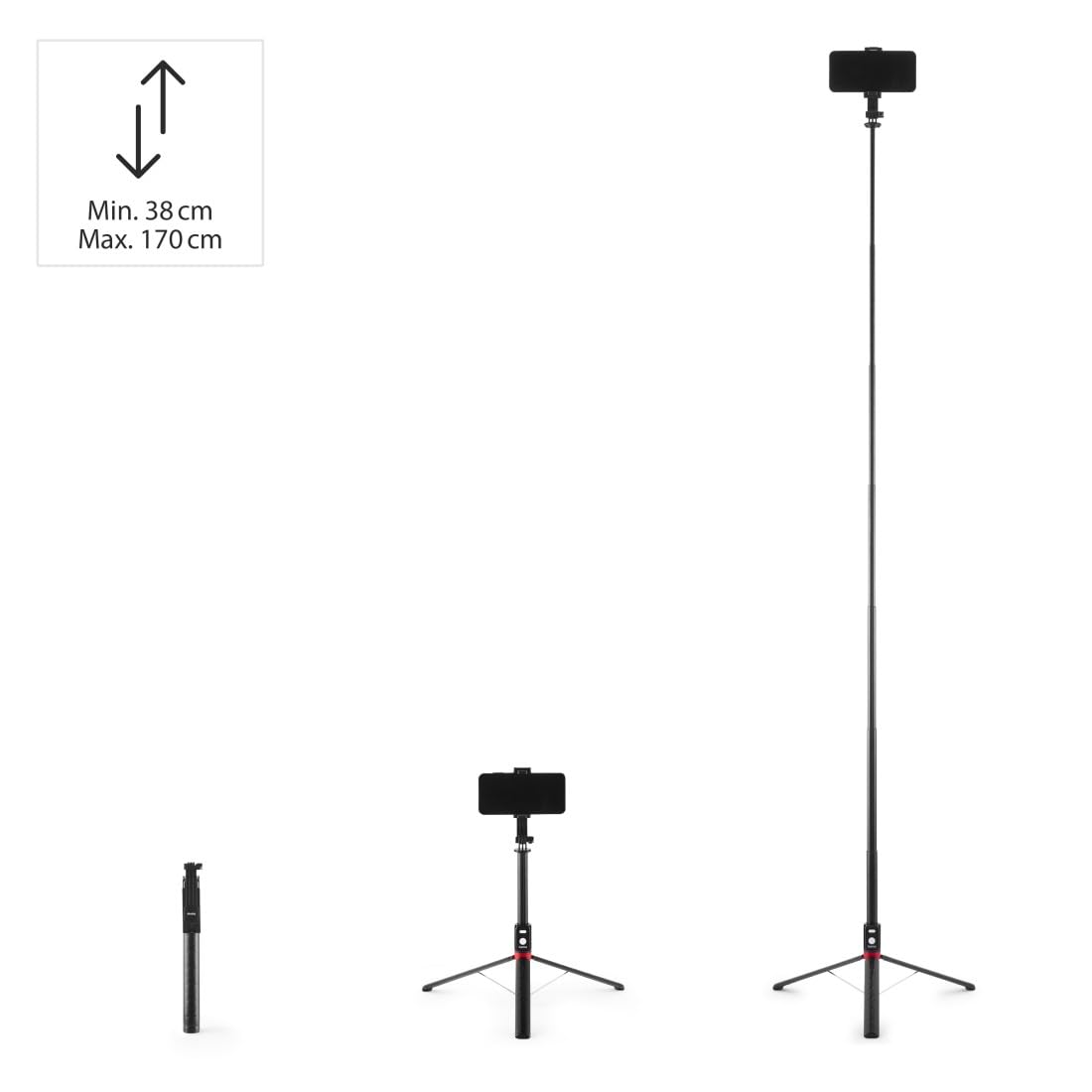 Hama selfkie stick (kij do zdjęć, kompaktowy, statyw, monopod, teleskopowy drążek, maks. 170 cm, Bluetooth) czarny