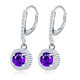 MicLee Pendientes de Plata 925 para mujer, Aros colgantes de piedras preciosas moradas con cierre francés, Aretes de circonita redonda, Joyería para aniversario boda