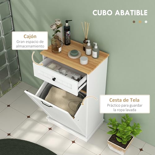 HOMCOM Mueble Auxiliar de Baño Cesto para Ropa Sucia Armario de Baño con Cajón y Diseño Anti-vuelco Mueble de Baño Moderno 52x33x90 cm Blanco - imagen 4