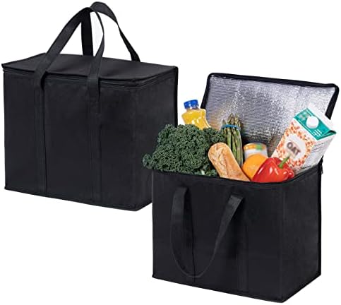 Insulated Reusable Shopping Bags, Food delivery Bags with Sturdy Zippers, Grocery Bag for Groceries Hot and Cold Food Durable, Heavy Duty, Large Size, Stands Upright, Collapsible (2 Pack, Black)
