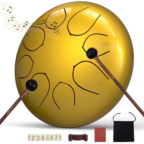 Image of Rain Drum for Outside Garden, 6 Inches 8 Notes Steel Tongue Drums, Waterproof Meditation Rain Chime, Musical Instruments for Adult Gift with Bag, Music Book, Mallets (Gold)