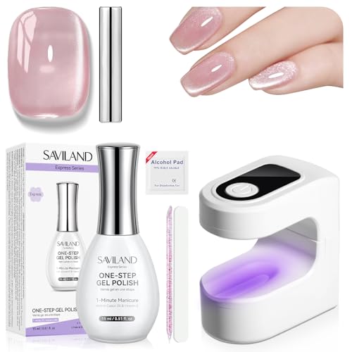 SAVILAND Express One Step Gel Nagellack Set: Lilac Haze Cat Eye Gel Nagellack 5-In-1 Cateye Gelnagellack mit U V LED Nagellampe Magnetstift für Nageldesign zu Hause 15 ml