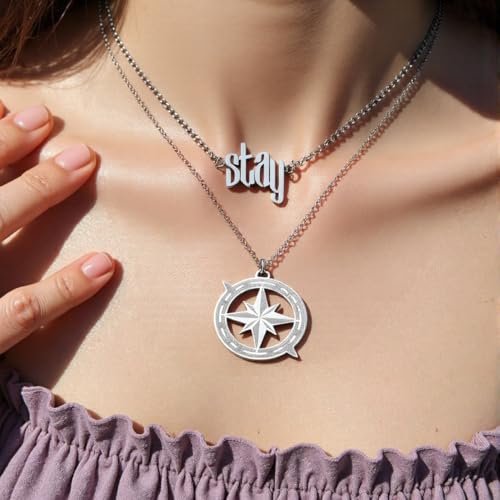 Stray Necklace SKZ Inspired Merch Necklace Set –“Stay” Pendant Compass Design Jewelry Accessory for Stay Fans Gifts3