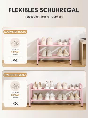 Image of Bumusty 2-Tier Expandable Shoe Rack for Closet, 18 inch-33 inch Adjustable Shoe Rack for Small Space, Small Shoe Organizer for Front Door, Sturdy Metal, Pink