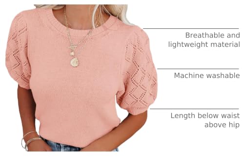 Image of Womens Short Sleeve Sweaters Crewneck Knit Pullover Tops 2025 Summer Casual Lightweight Crochet Blouse Shirt